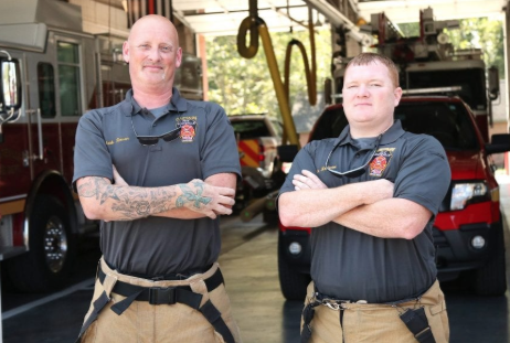 Captain Mark Rowan, left, and Lt. Kyle McDaniel were the only full-time staff guaranteed to respond to a call Wednesday afternoon.