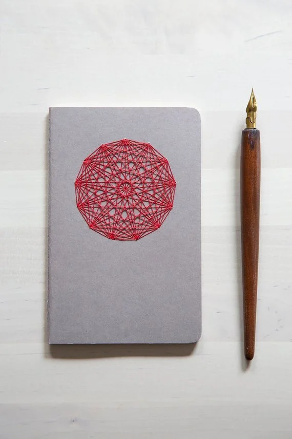 Radiant Core Sacred Geometry Notebook Journal - Lined Paper - Small Notebook Gray Cover Hand Embroidered with Red Thread