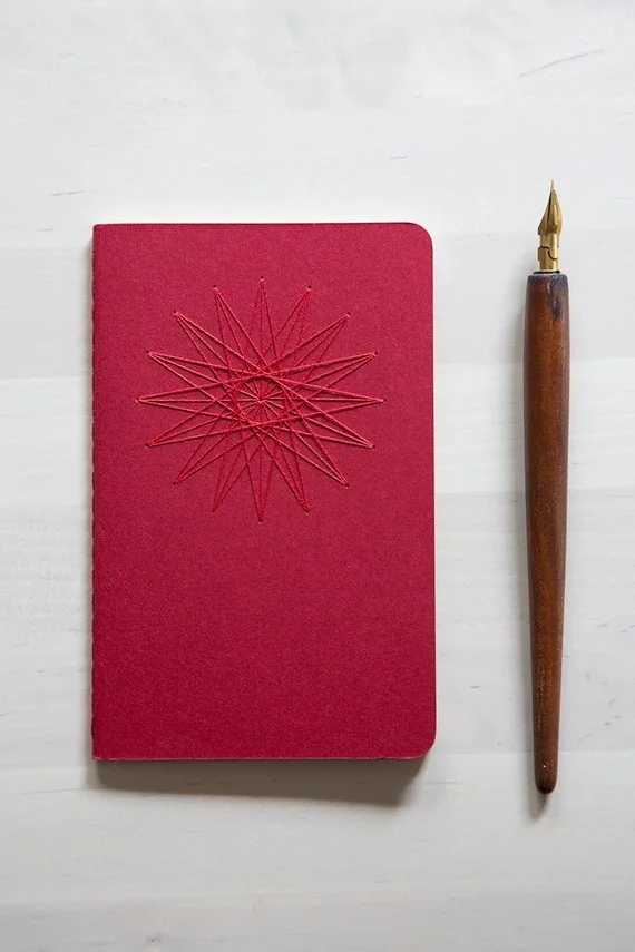 St. Anne's Star Sacred Geometry Notebook Journal - Lined Paper - Small Notebook Red Cover Hand-Embroidered with Red Thread