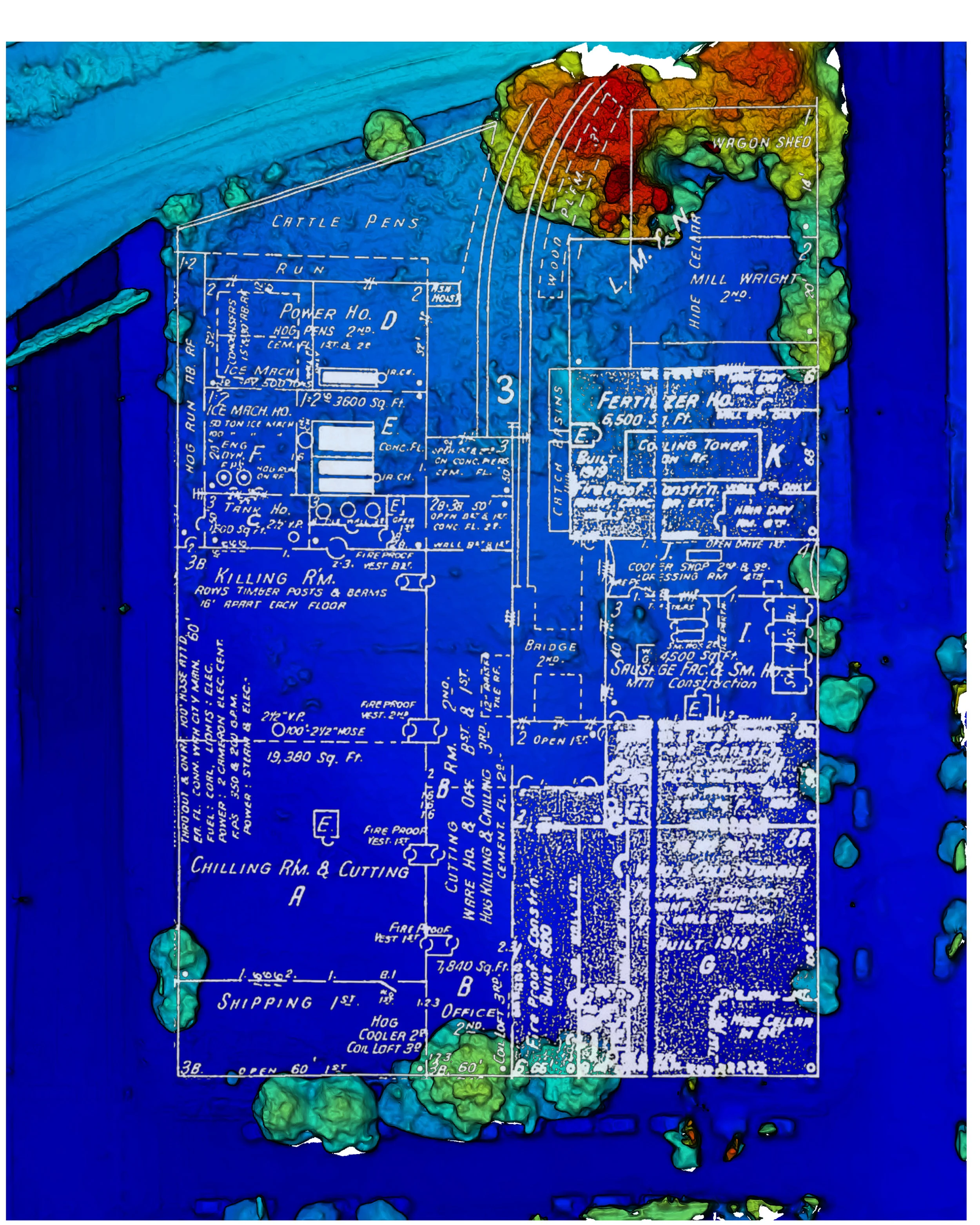 Topographic map overlaid with data from the 1926 Sanborn Fire Insurance map