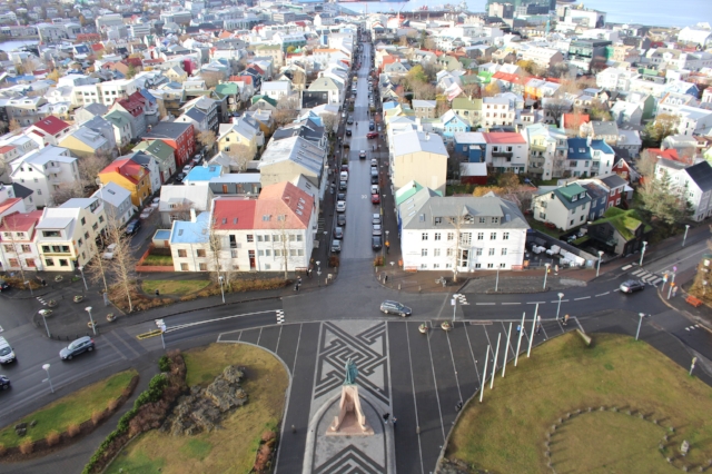View of downtown Reykjavik, Iceland from the top of Hallgr í mskirkja Church
