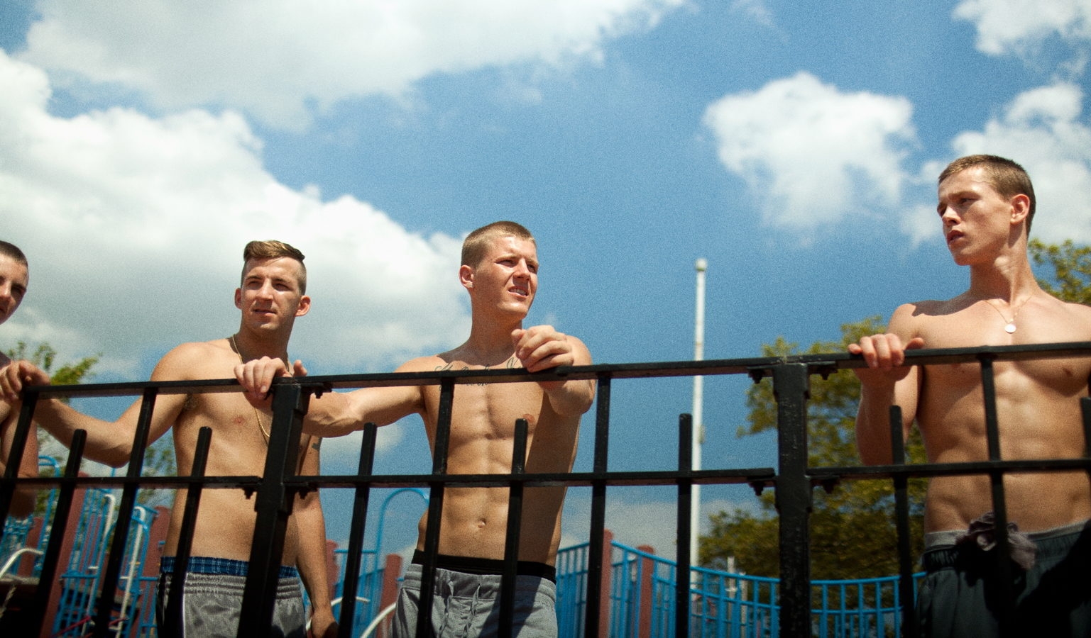 Anton Selyaninov, Frank Hakaj, David Ivanov, and Harris Dickinson in Beach Rats © 2017 Neon