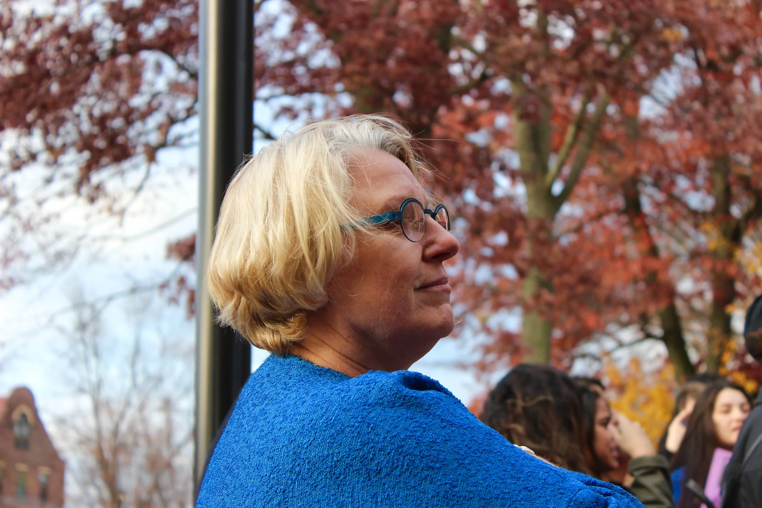 Photo by Emily Tarantini '18 President Sonya Stephens listens to protesters' demands during the MHC #SanctuaryCampus walkout on Nov. 16. 