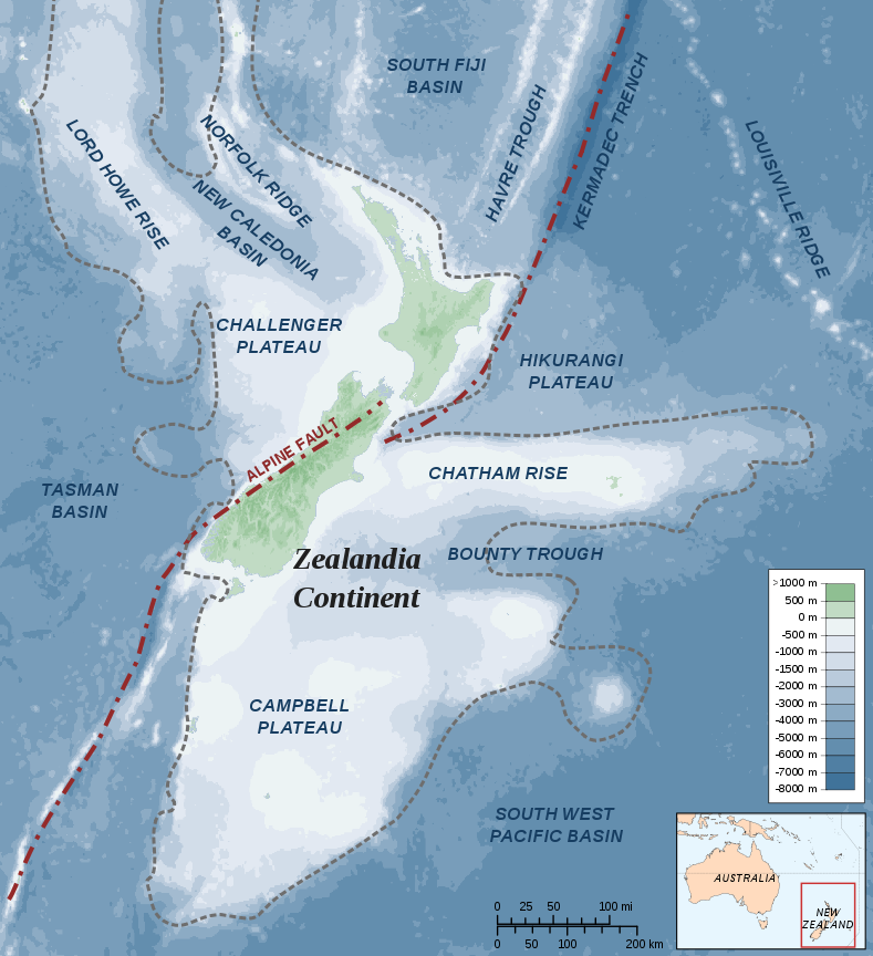 Photo courtesy of Wikimedia CommonsThis map depicts the southern part of Zealandia, an recently-discovered continent underneath New Zealand.