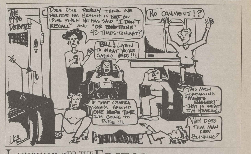 An Oct. 10, 1996 comic shows a stereotypical presidential debate-watching gathering at a women’s college.