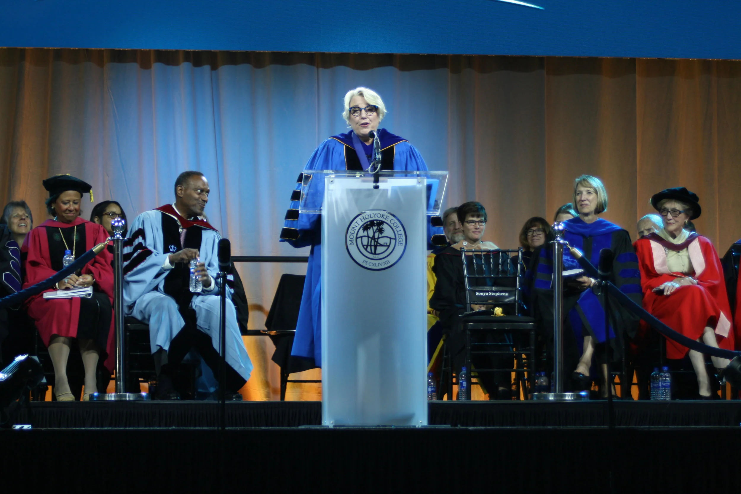Photo by Izzy Burgess ’19 Sonya Stephens speaks at the inauguration ceremony, which took place on Sept. 29 in Kendall’s Field House.