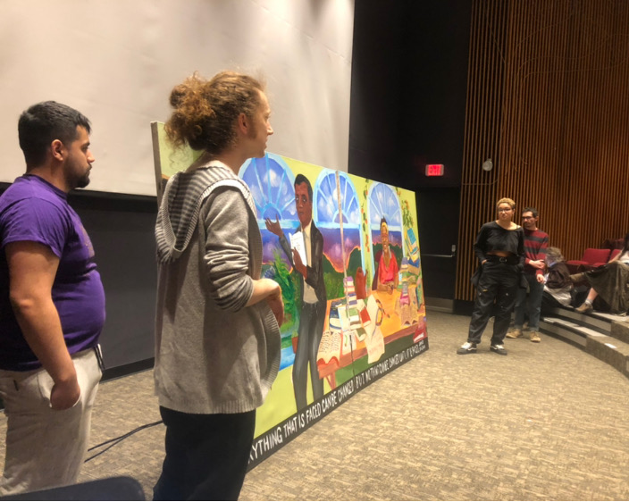 Photo courtesy of Killian Dobroth Whealon Costello, left, and Mika Cook-Right, right, created a portrait of James Baldwin and Cara Page for Hampshire Rise Up.