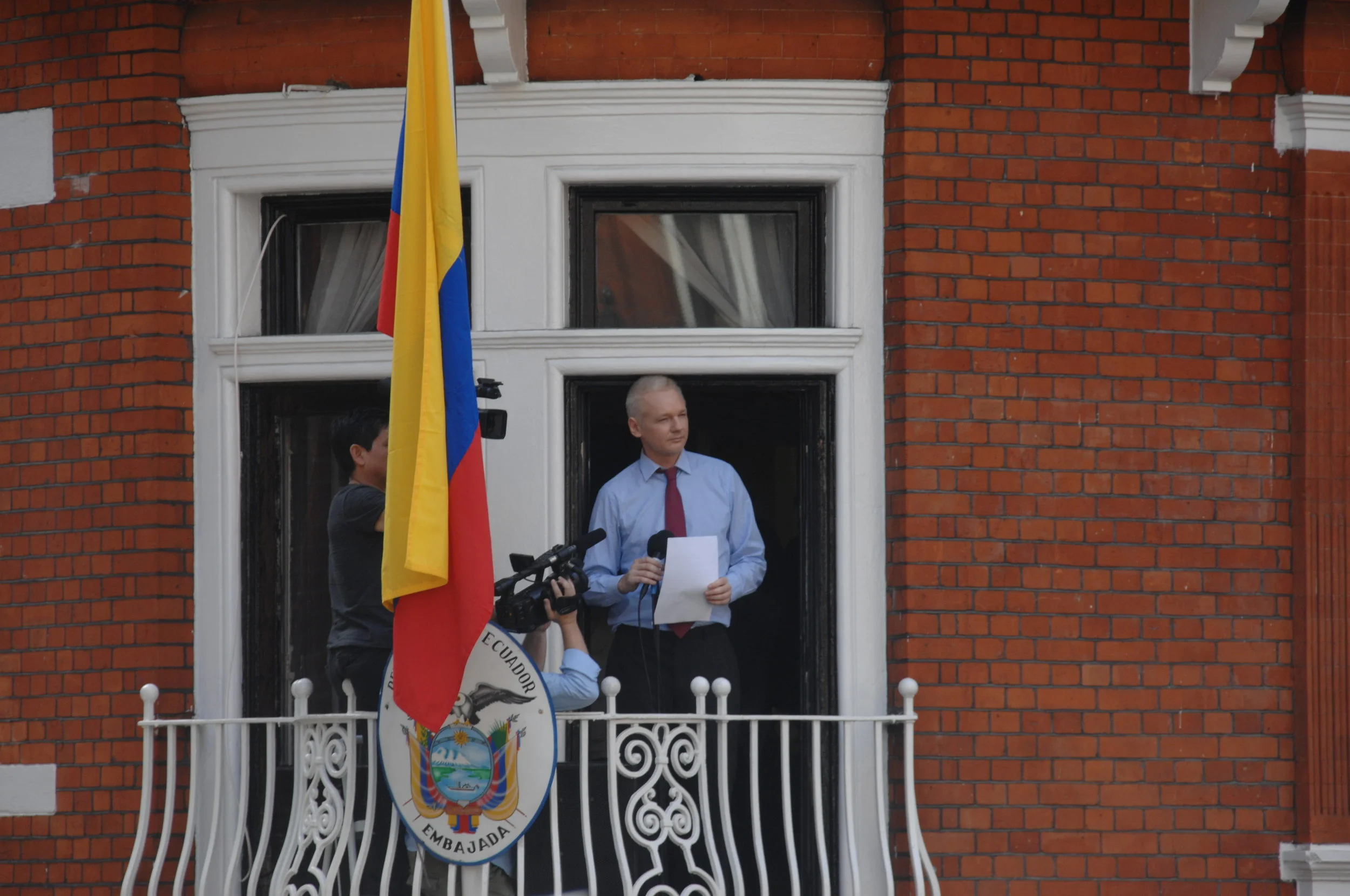 Photo courtesy of WikiCommons Julian Assange at the U.K. Ecuadorian Embassy in London in 2012.