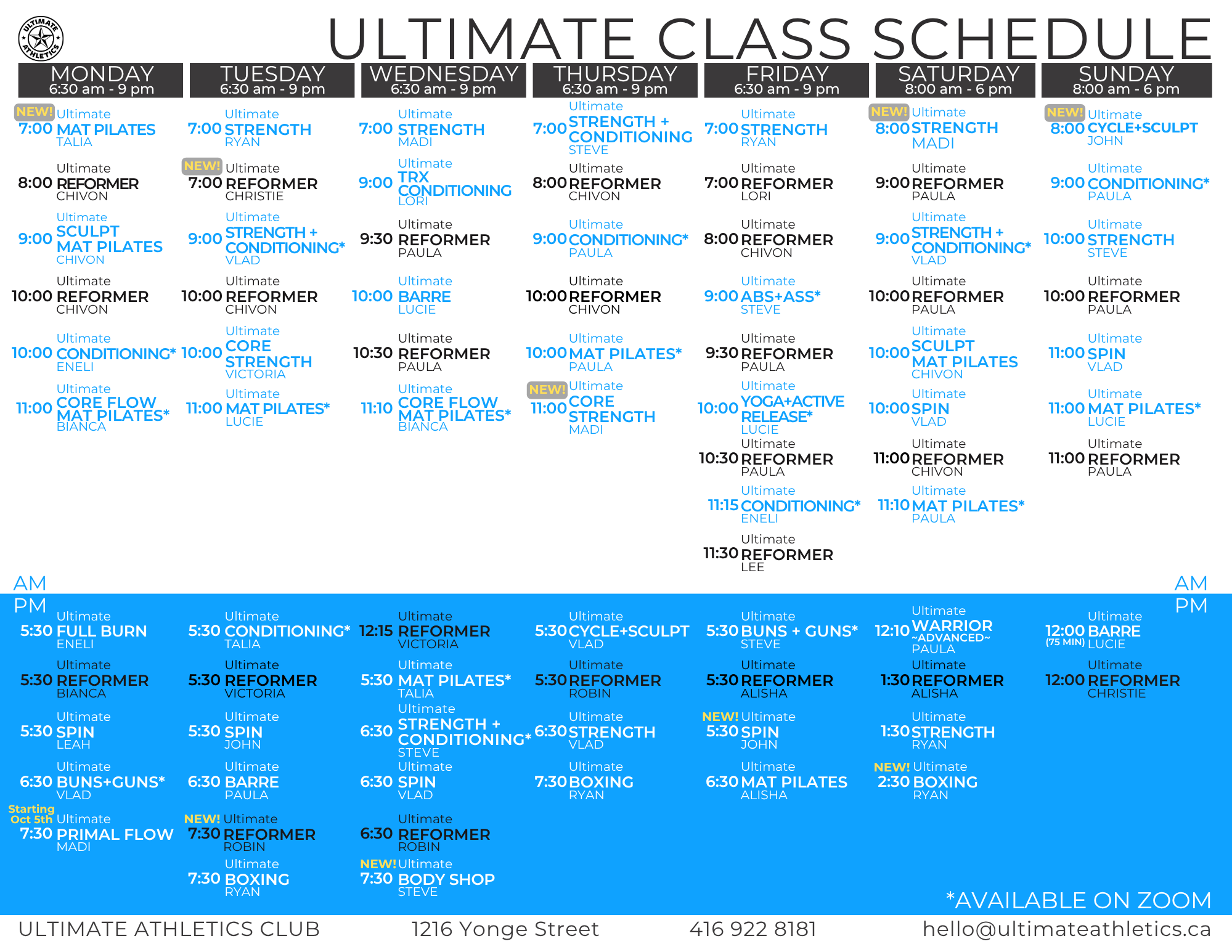 Ultimate Athletics weekly class schedule showing Reformer Pilates, strength, conditioning, spin, and boxing class times Monday through Sunday