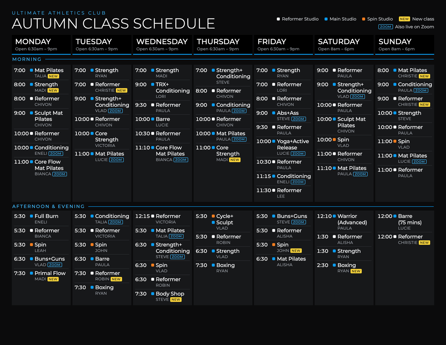Ultimate Athletics autumn class schedule, Monday to Sunday, with class times and instructors