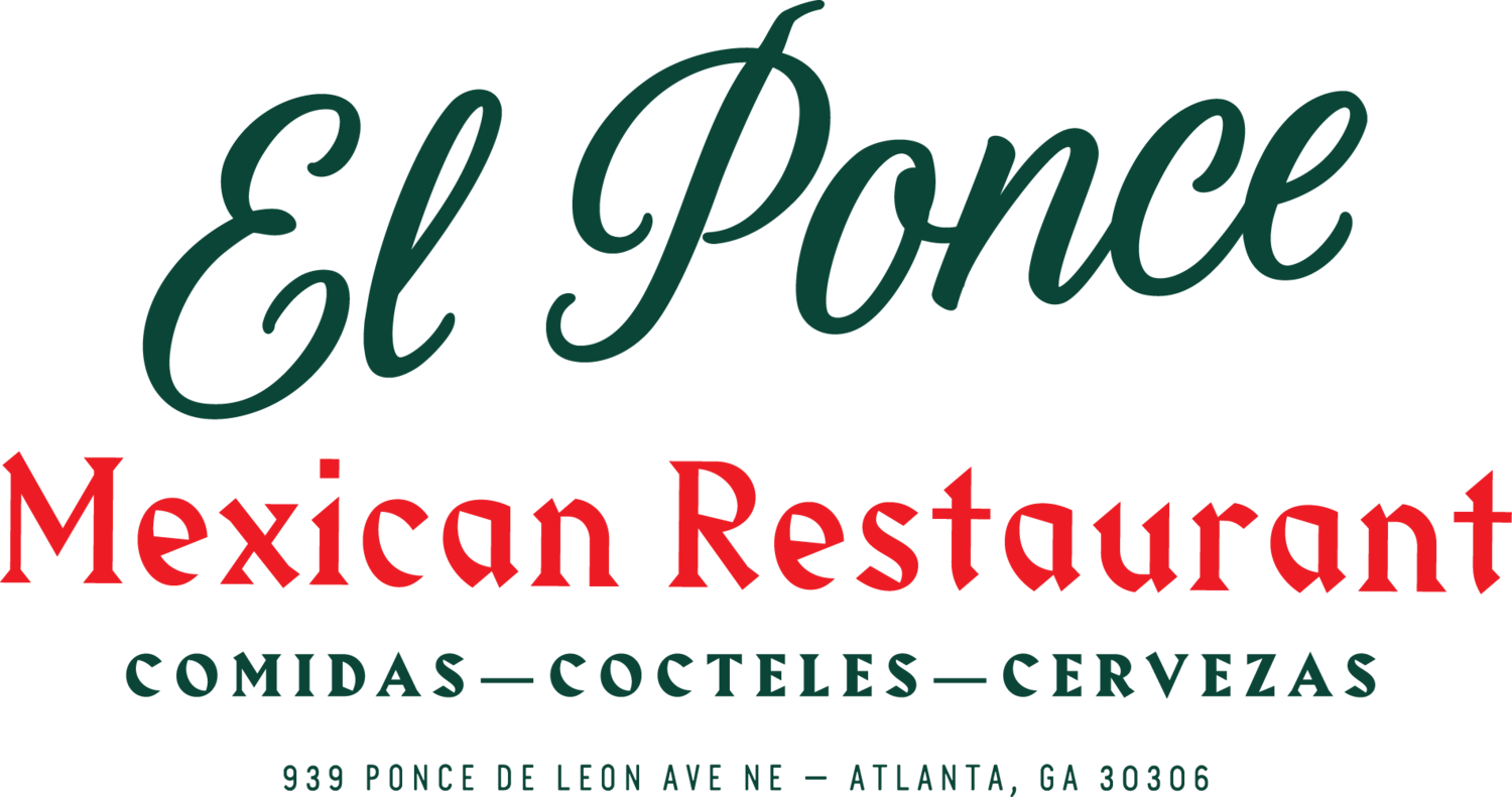 Logo for El Ponce Mexican Restaurant with the address 939 Ponce de Leon Ave NE, Atlanta, GA 30306, featuring the restaurant's name, type of cuisine, and services like food, cocktails, and beers.