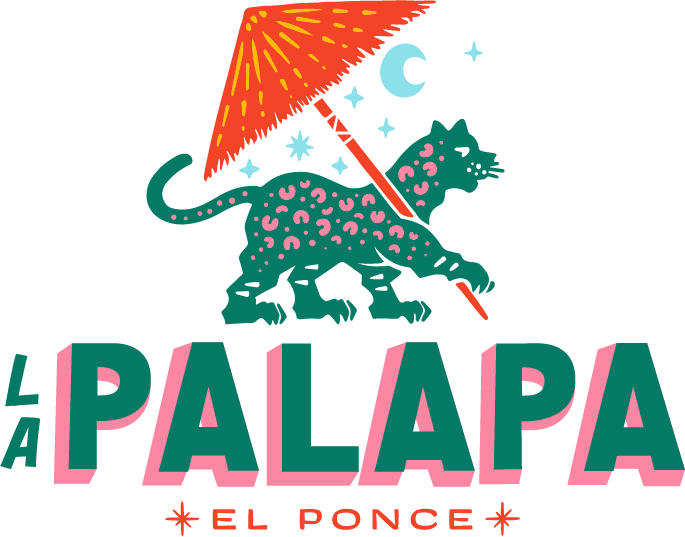 A colorful logo featuring a stylized jaguar holding an umbrella with stars and a crescent moon in the background. The text reads "LA PALAPA" with smaller text "EL PONCE" below.