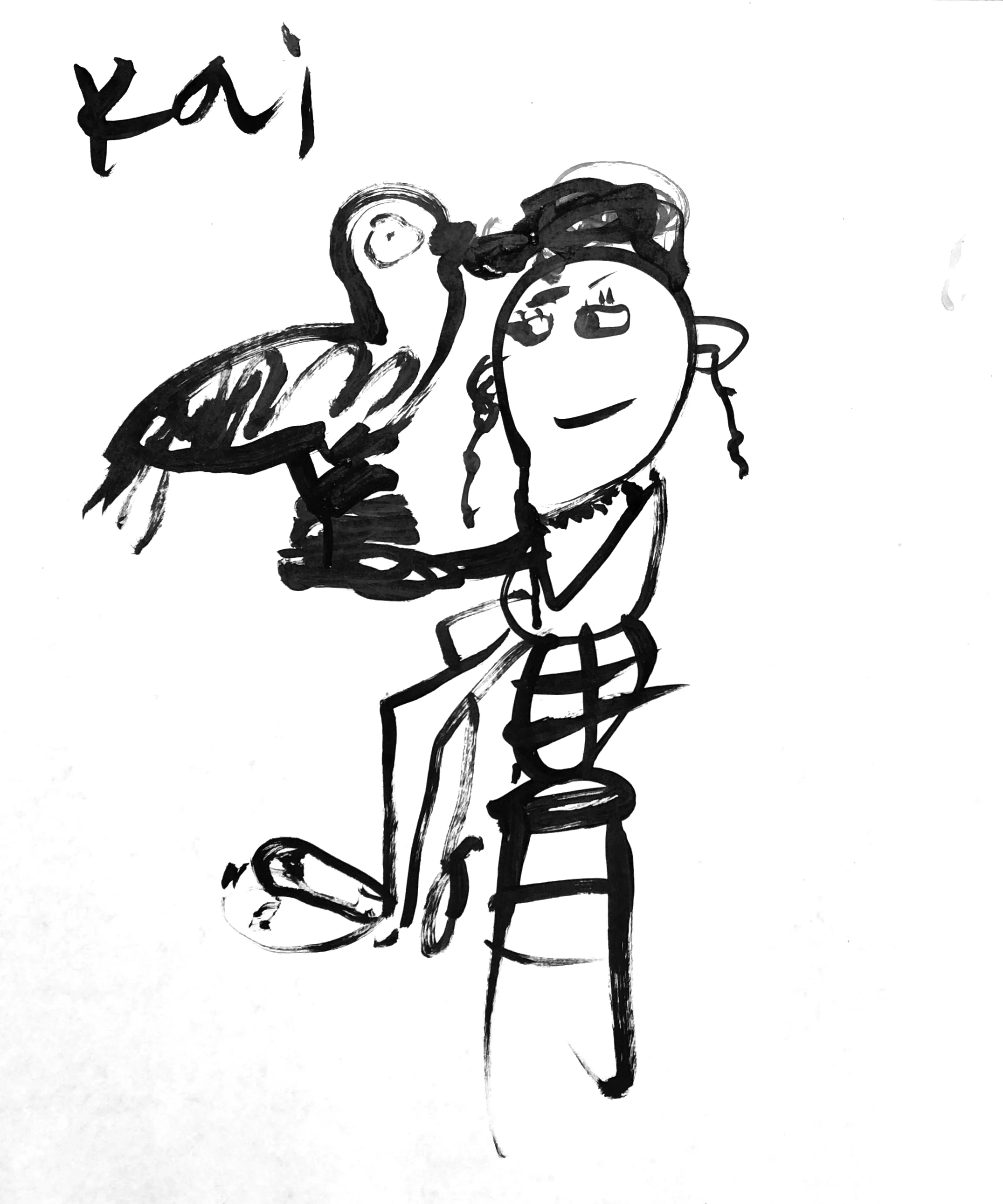 “Katya and the turkey” by Kai. Ink on paper.