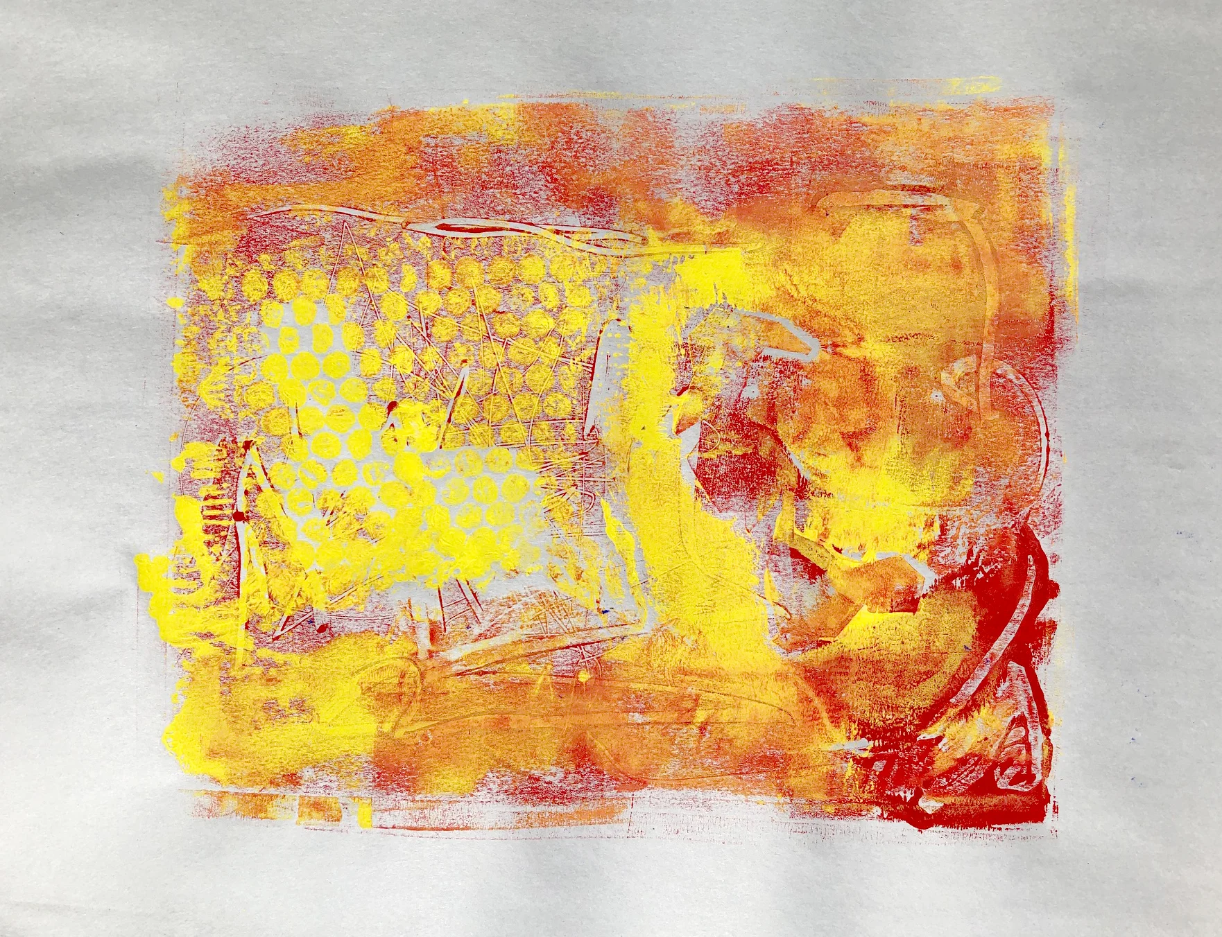 Monoprint test on Newsprint paper using different textures: bubblewrap, rope.