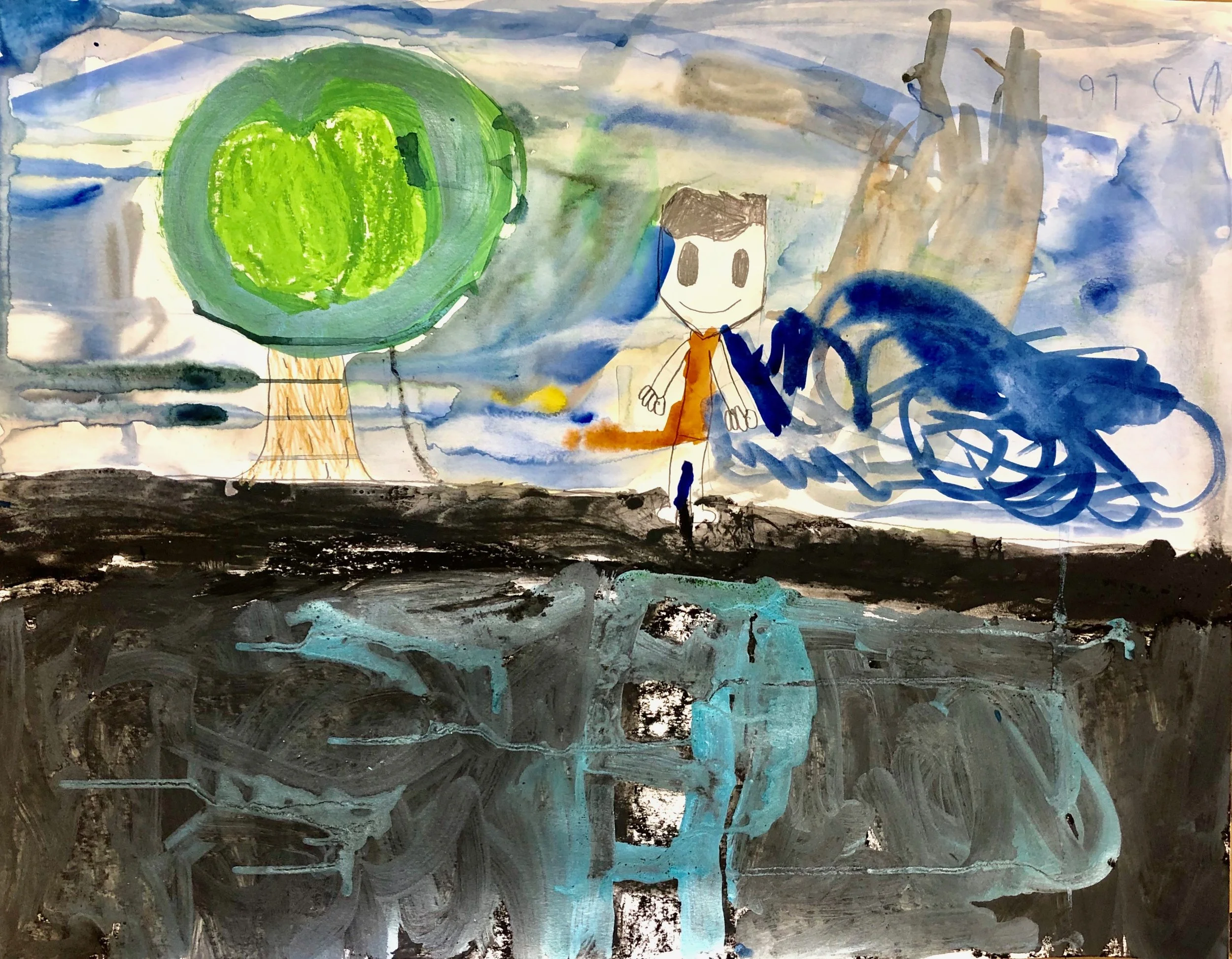 Nathanial, 6 years old. Watercolor, acrylic ink, charcoal, pastel on paper.