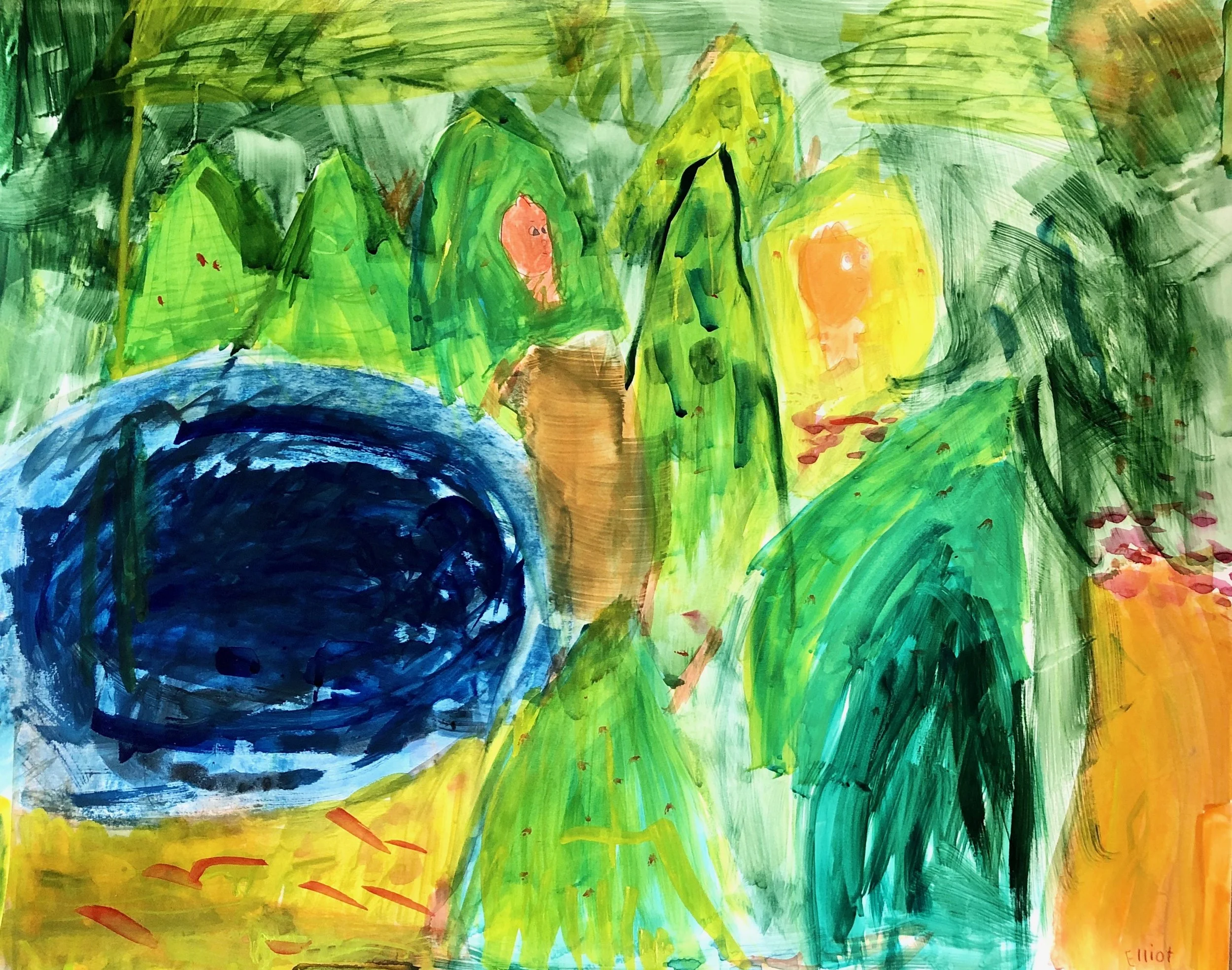 Eliot, 9 years old. Watercolor, acrylic ink, charcoal, pastel on Bristol paper.