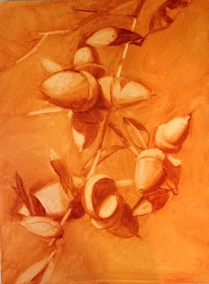 This is a photo of the underpainting. Done in Burnt Sienna, this is how I place my image on the panel, develop the pattern of values and make sure I like the composition.