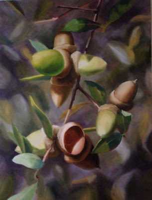 Here I have spent several sessions on the acorns and leaves in the foreground. Several more are required to finish the detail of the subject, and to balance it with the background. The finished painting is found at the top of the post. 