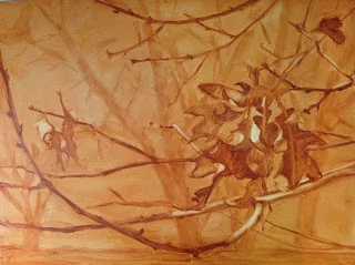 The panel with my value drawing, in Burnt Siennna. I use this to place the elements in the composition and make sure I can capture what I am after.