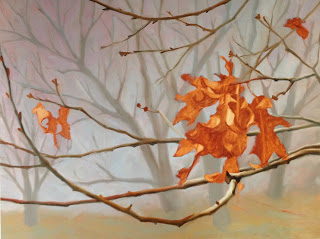 Here, after several sessions of work, I have the basics of the background and the branches painted. I have yet to begin work on the leaves, so there you see the underpainting. It took several more days of work to complete the image to my (and my family's) satisfaction. The completed painting is at the top of this post.