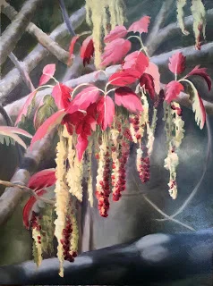 In this photo I am several days in. I have begun to define the details more closely, rounding form and creating the play of light and shadow that dappled the otherwise bare grey branches. After a number of days spent refining, I found a place between suggestion and description that I liked. The completed painting the first image in this post.