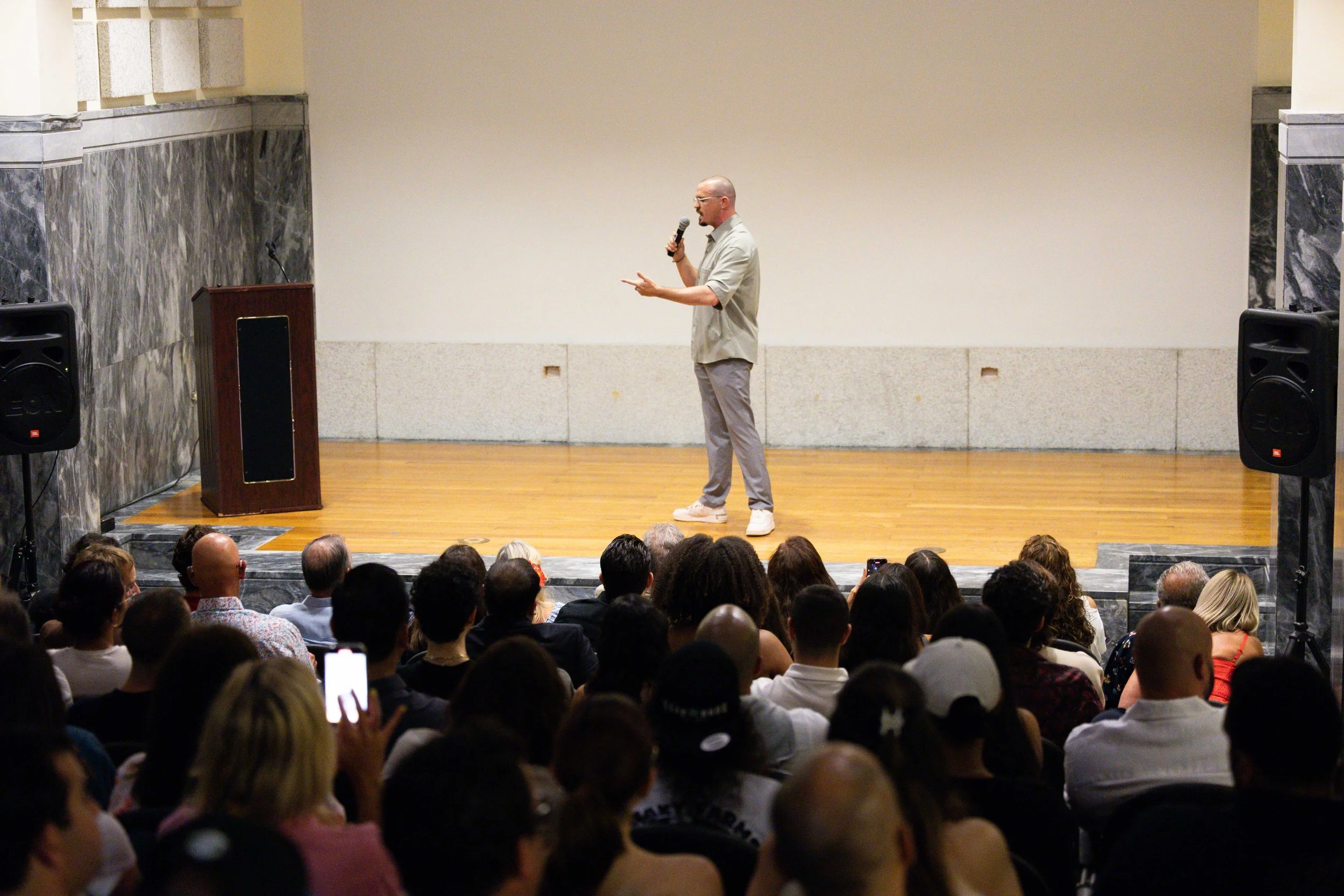 Music and entertainment lawyer Silvino Edward Diaz of Starving Artists talks to audience at Instituto de Cultura Puertorriquena in Puerto Rico