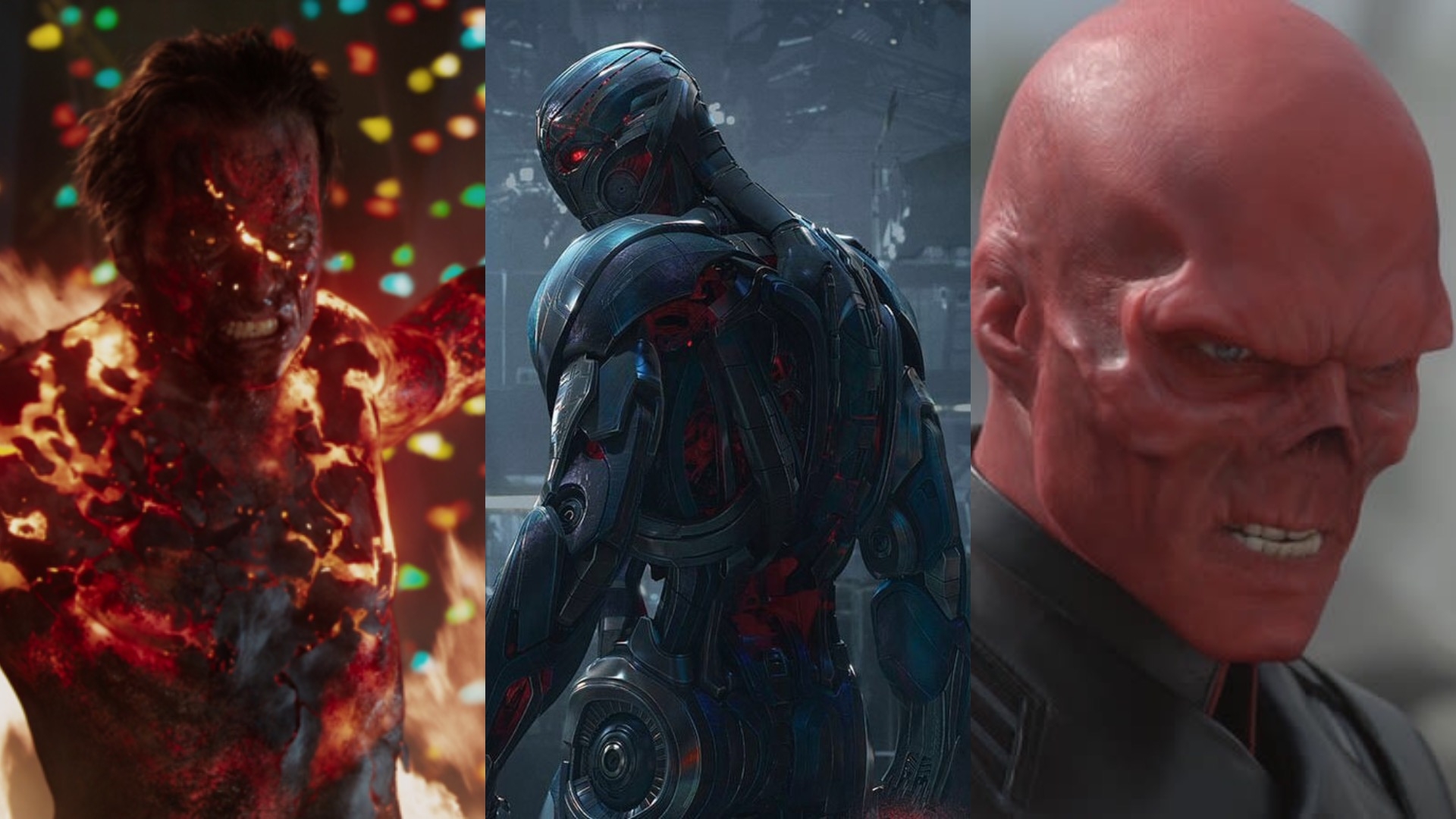 Guy Pearce as The Mandarin in Iron Man 3, James Spader as Ultron in Avengers: Age of Ultron, Hugo Weaving as Red Skull in Captain America: The First Avenger