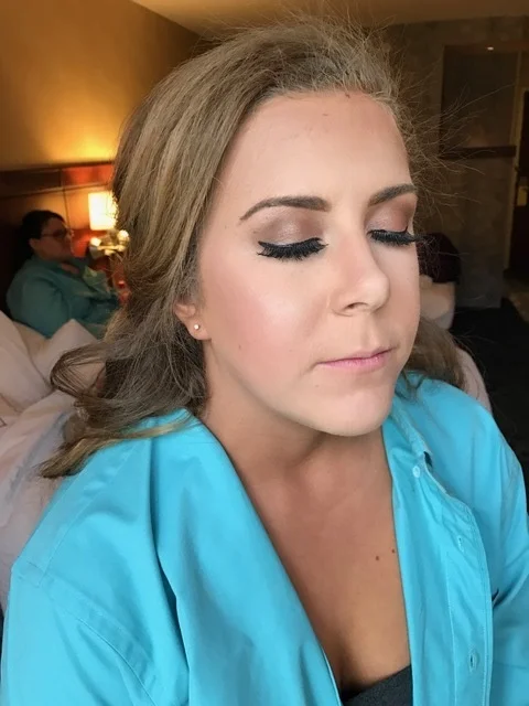 Bridesmaid #2 - the Maid of honor and sister of the bride. Girlfriend played volleyball a couple days before and got BURNT. She was peeling pretty badly, mostly on her shoulders and chest. I blended it out as much as I could, definite improvement! Bolder liner and thicker lashes for this bombshell!