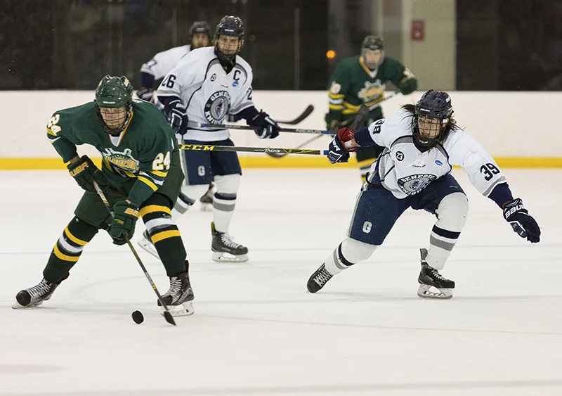 Sophomore forward Arthur Gordon tries to take the puck from a SUNY Oswego Lakers defenseman, while senior forward Jack Ceglarski prepares to help out. The Knights tied the Lakers in a tense and exciting game at the Ira S. Wilson arena on Jan 21. (Annalee Bainnson/Assoc. Photo Editor)