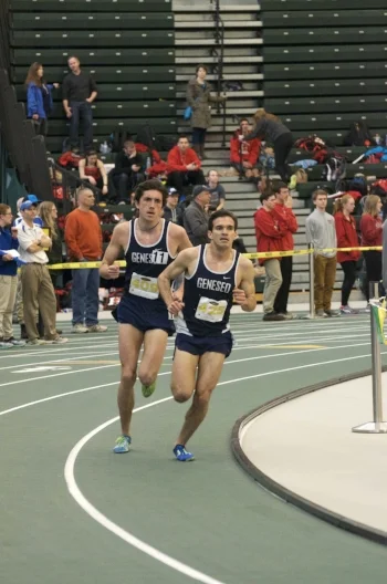 Senior Alfredo Mazzuco and junior Isaac Garcia-Casaani race around to the final leg of their event during the SUNYAC meet at SUNY Brockport. Both the men’s and women’s teams took first place in the SUNYAC meet. (Troy Hallahan/Sales Director)