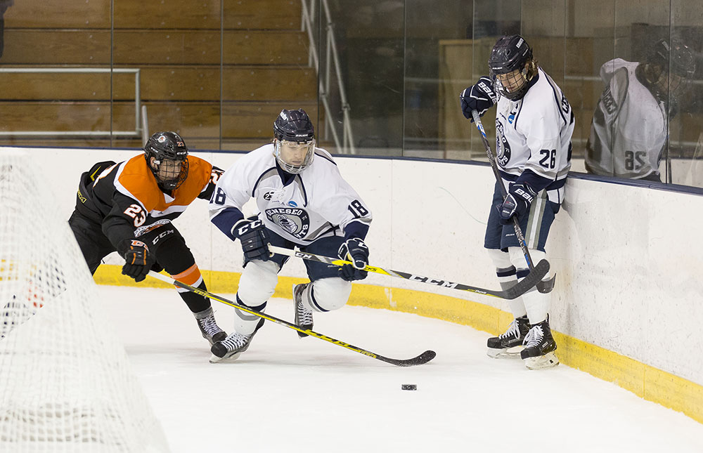 Senior forward Stephen Collins skates to the puck as senior forward Jack Ceglarski looks to give him space. The men fell to Plattsburgh in the semi-finals of the SUNYAC tournament, bringing their 2016-17 season to an end. (Annalee Bainnson/Assoc. Photo Editor)