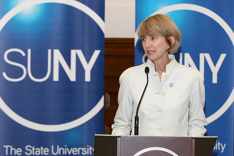 Kristina Johnson (center), an engineer, was selected as the SUNY chancellor on Monday April 24 after Chancellor Nancy Zimpher (right) announced her decision to step down. SUNY Board of Trustees Chairperson Carl McCall (left) led the search committee that chose Johnson. (Courtesy of SUNY)