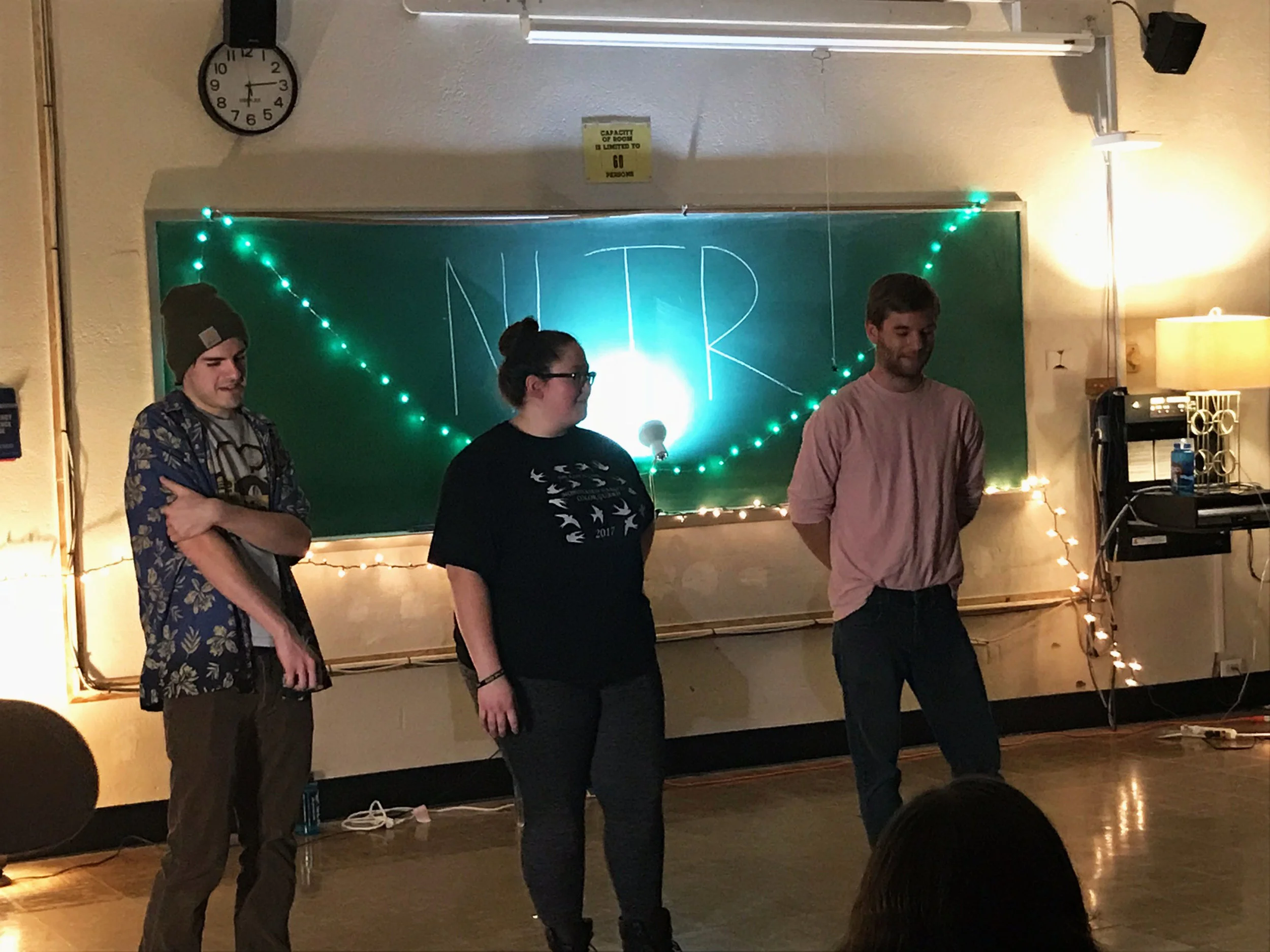Improv comedy troup No Laugh Track Required entertained a full audience in its first performance of the year on Saturday Oct. 28. Geography major senior AJ Giaccio, undeclared freshman Kayla LaBombard and communication major senior Clayton Smith all performed in the comedy show (pictured above from left to right). (Catherine White/Arts and Entertainment Editor