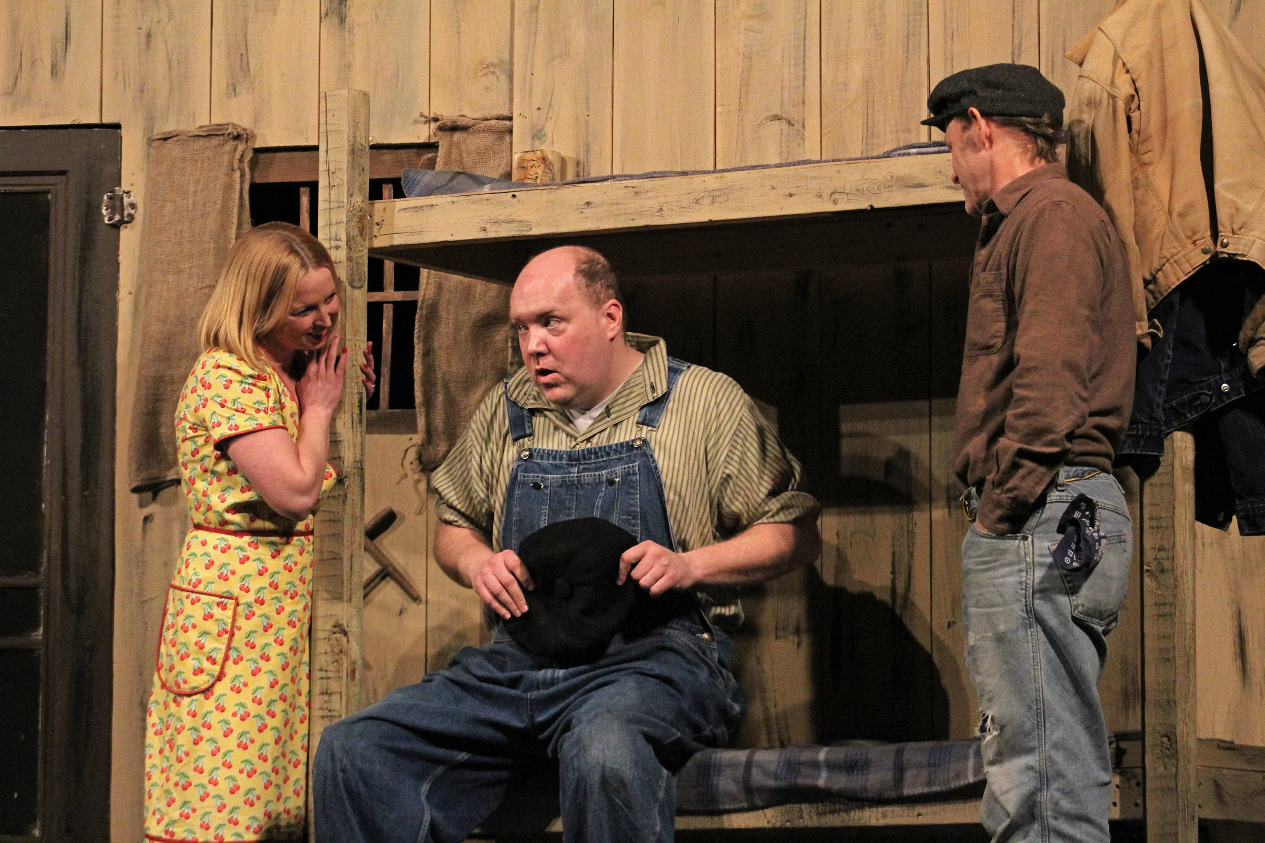 The Geneseo Community Players put on a production of “Of Mice and Men” in the Riviera Theater from Friday Jan. 19 to Saturday Jan. 20. The play featured many talented actors, including Geneseo student musical theater major sophomore Kyle Johnson who played Crooks. Pictured above from left to right: Curley’s wife (Amanda Lynch), Lenny Small (Toby Drowne) and George Milton (Chris Norton). (Catherine White/Arts and Entertainment Editor)