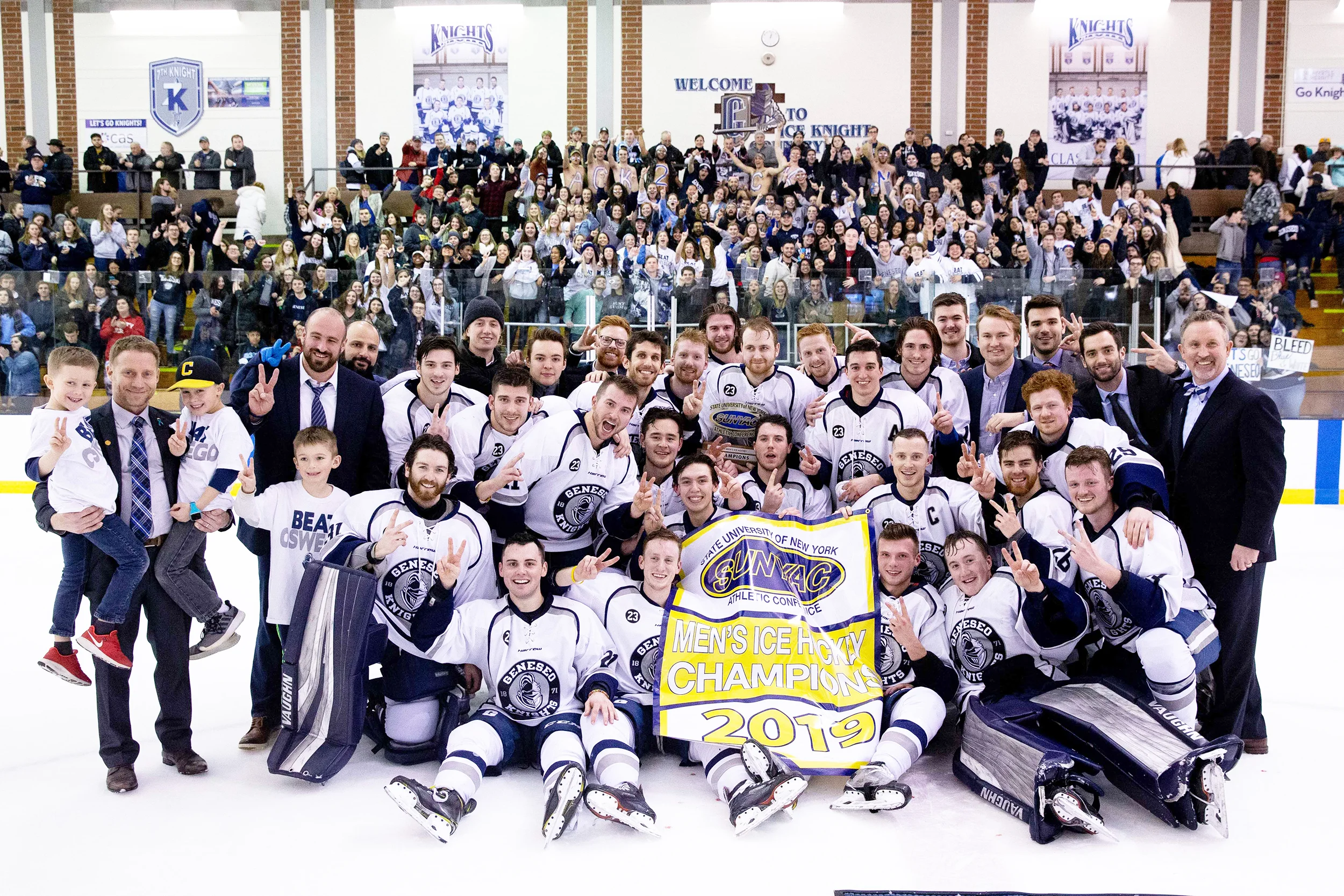 The Geneseo Ice Knights (pictured above) pose for a photo after defeating the SUNY Oswego Lakers by a score of 4-3 in the SUNYAC championship. It was the Knights second straight SUNYAC title (Courtesy of KeIth Walters ‘11).