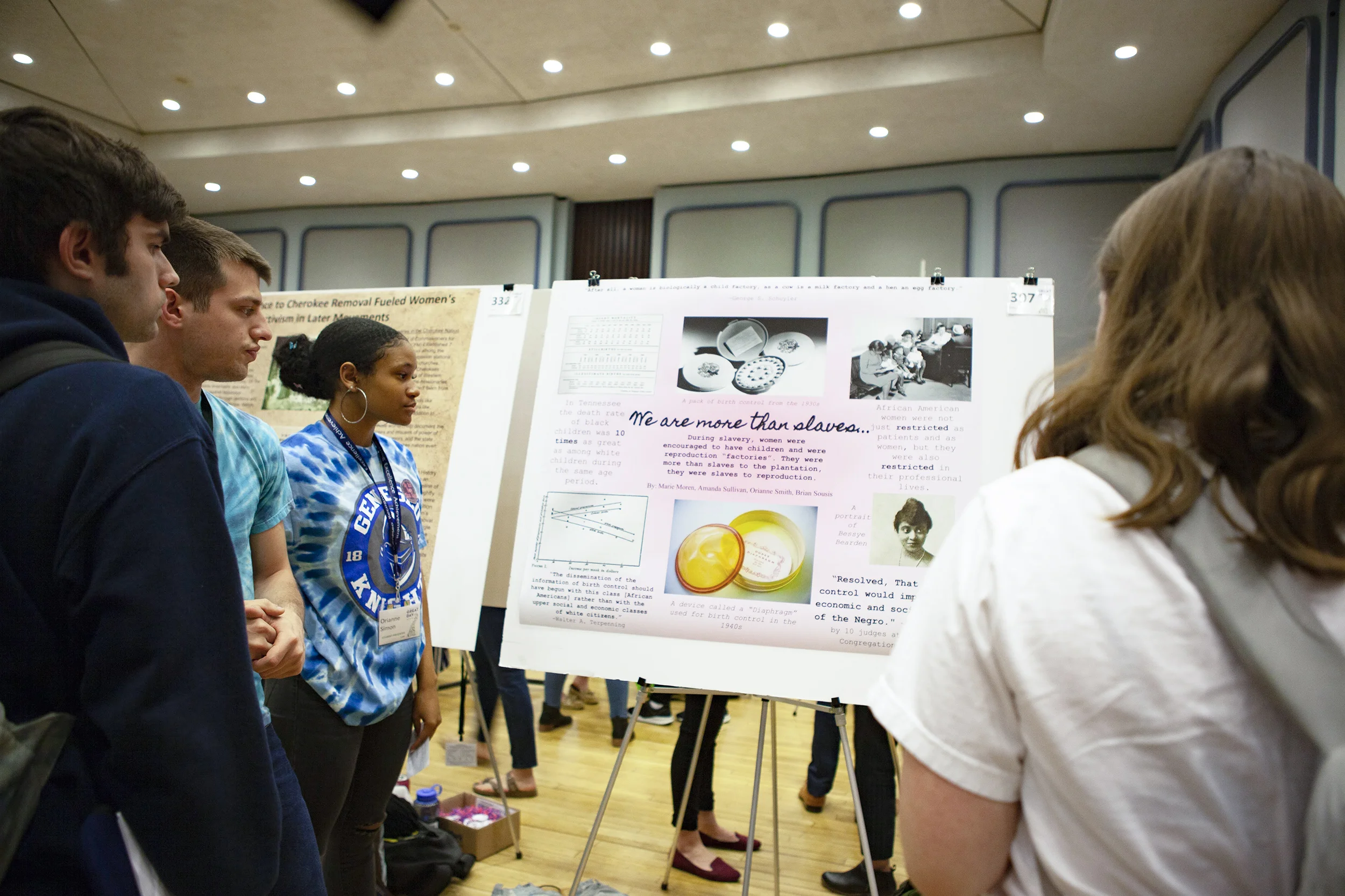 The poster session on GREAT Day in the College Union Ballroom (pictured above) occurs every year. This year, the event displayed a controversial research study titled “Women’s Reproduction is Not a Right: Abortion Prevention Through Education, Insurance, Expansion, and Foster Reform (Josie Kwani/assoc. photo editor).