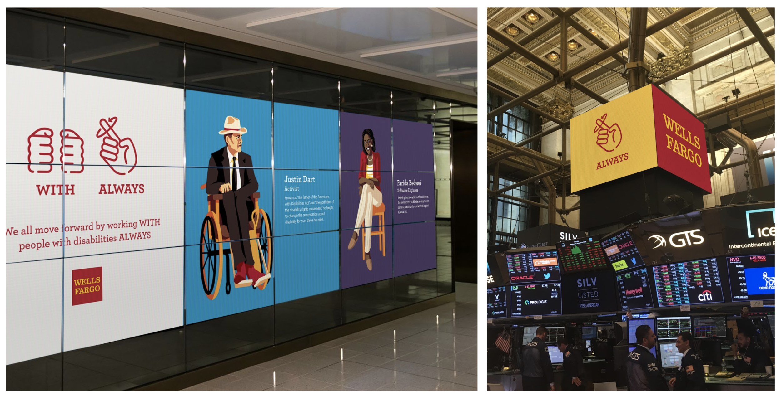 Digital signage at the New York Stock Exchange closing bell, featuring the significant contributions people with disabilities have made to society.