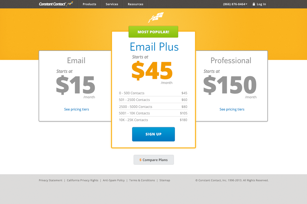 Pricing Page Concept While developing the Toolkit experience, I worked with the Constant Contact website team to deliver ideas outside of the product experience.