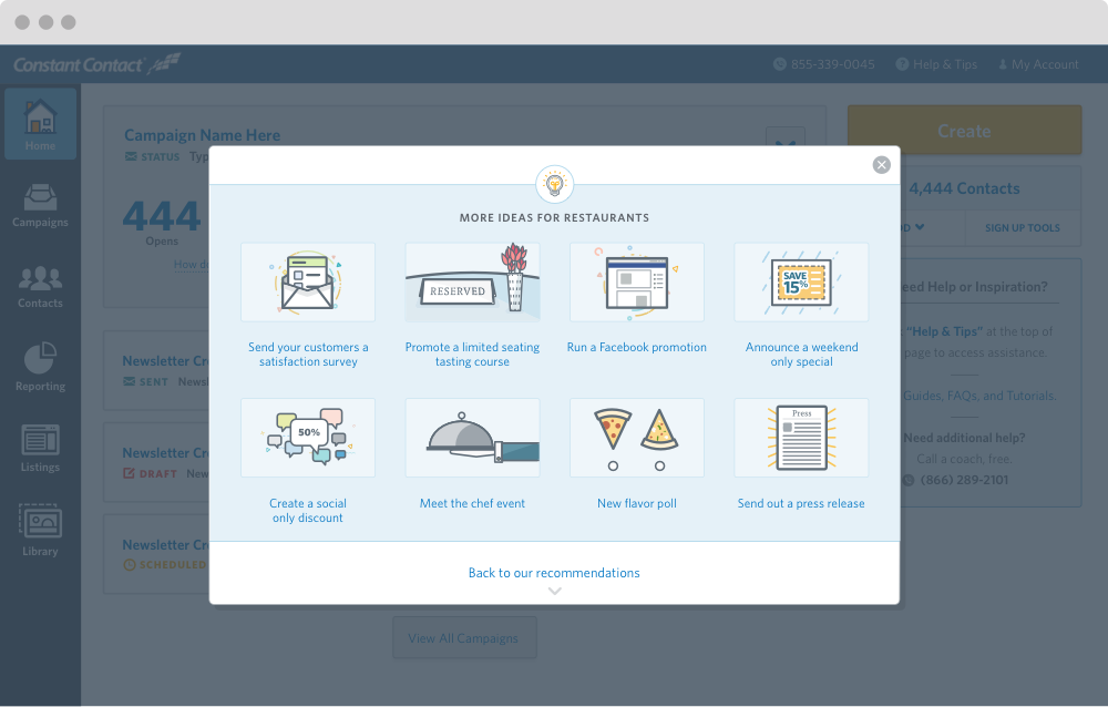 Campaign Picker - Second Iteration, Secondary View If users wanted to browse other suggestions based on their industry, they could switch to a secondary view showing industry based use cases.