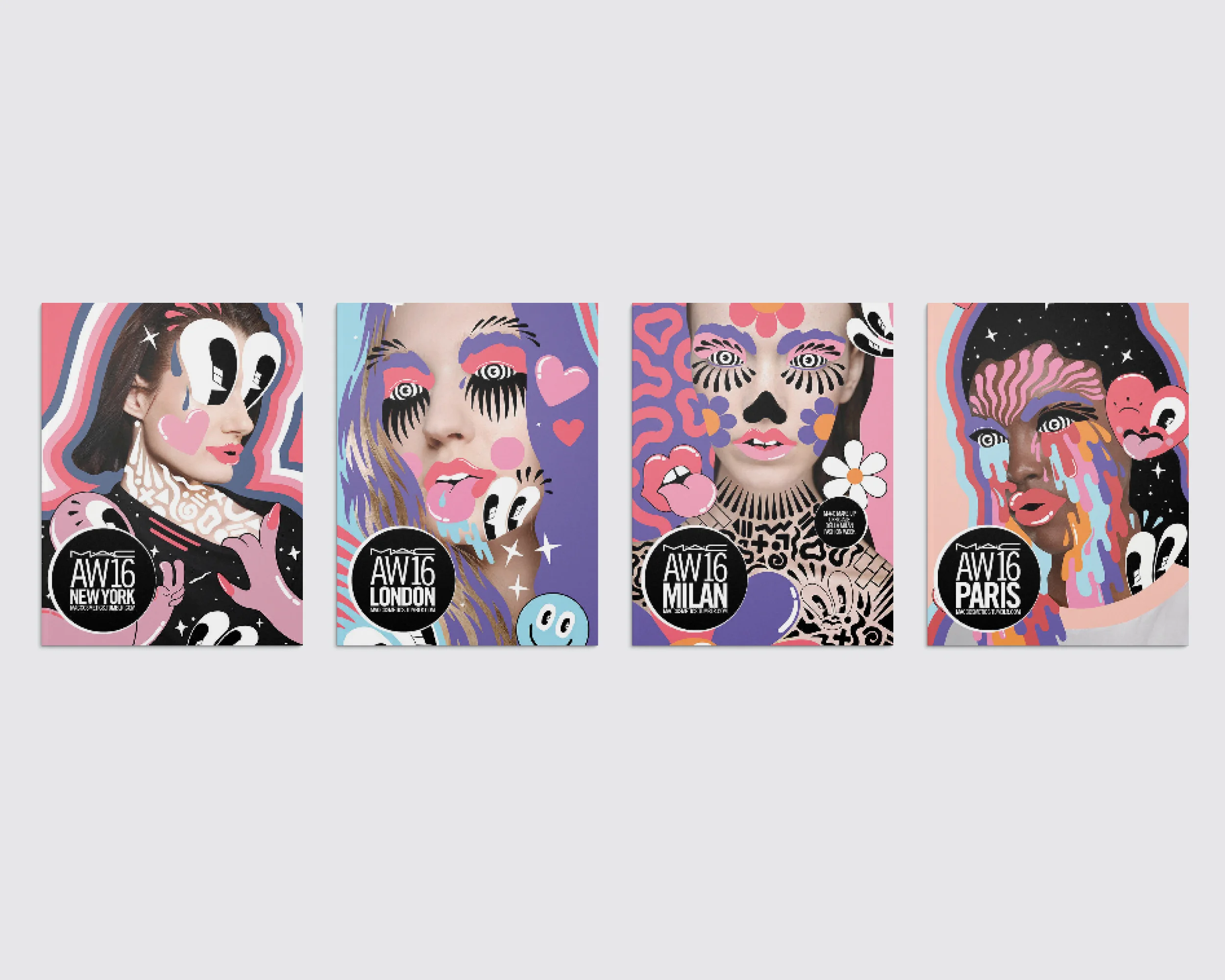 M·A·C AW16 Fashion Week and Trends Illustrations by Hattie Stewart . Concept, direction and design for Autumn/Winter 2016 Fashion Week print anddigital campaign, branding collateral, out of home branding, and backstage set-up.