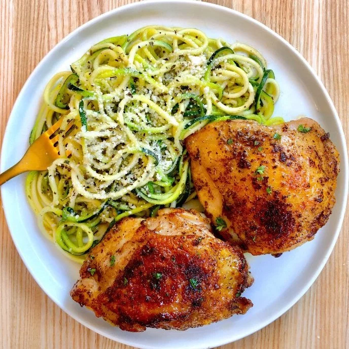 Crispy Pesto Chicken Thighs with Zoodles (or Mashed Potatoes)