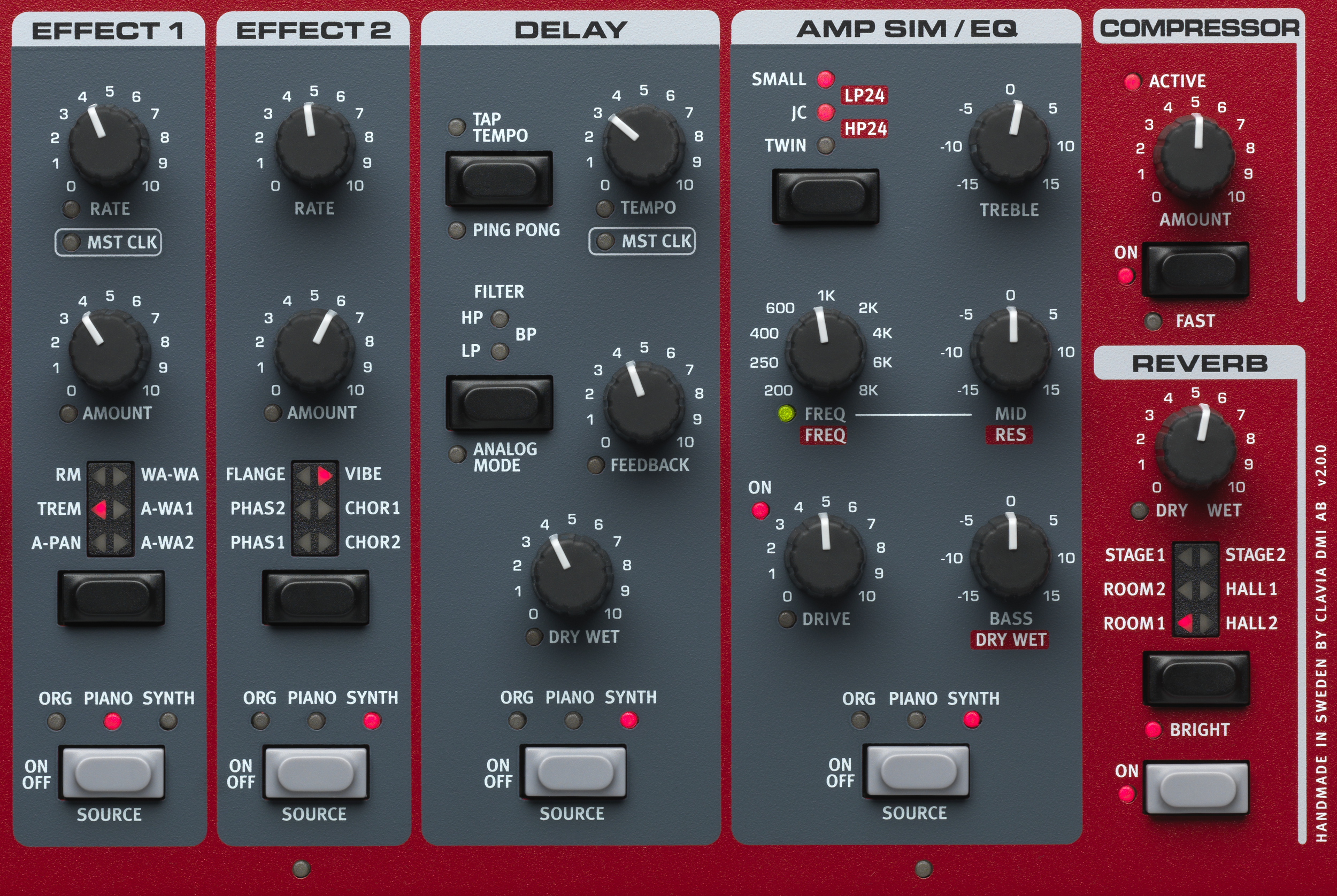 Samtliga effekter, inkluderat reverb och compressor, är nu exklusiva för varje Panel. Annorlunda uttryckt: om du exempelvis använder två olika pianoljud på samma gång så kan de ha helt olika reverb, kompressor och andra effektinställningar.