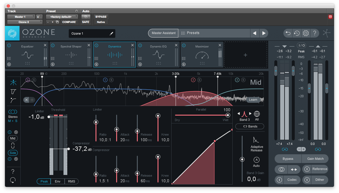 Ozones dynamikmodul är typiskt uppdelad i fyra band med kompressor och limiter på varje band, och ger bra möjligheter att kontrollera dynamiken.