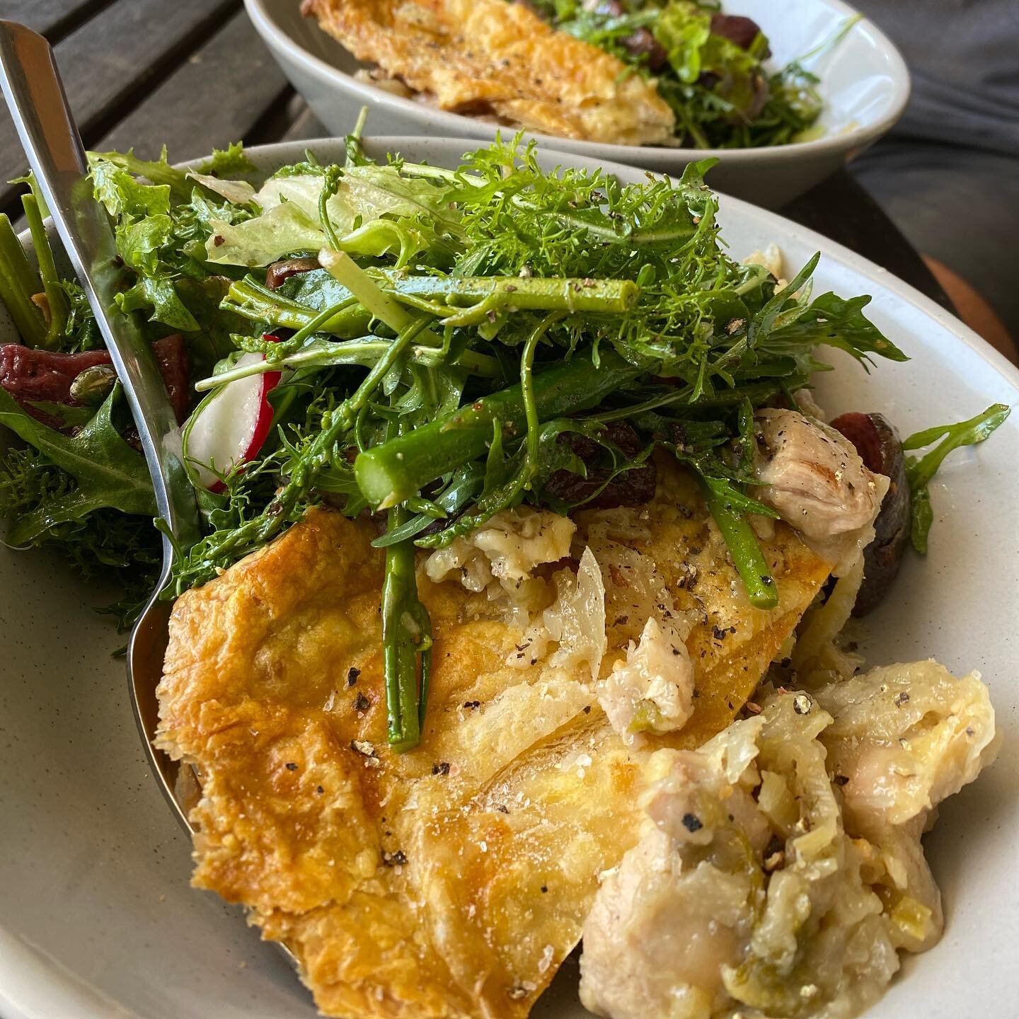 Simple farm lunch. Last night&rsquo;s chicken, fennel, mushroom, leek pie. Basic throw together salad full of our farm goodies including our zesty and peppery mix, few leaves of lettuce, roasted beets (so handy having pre made veg ready to throw in s