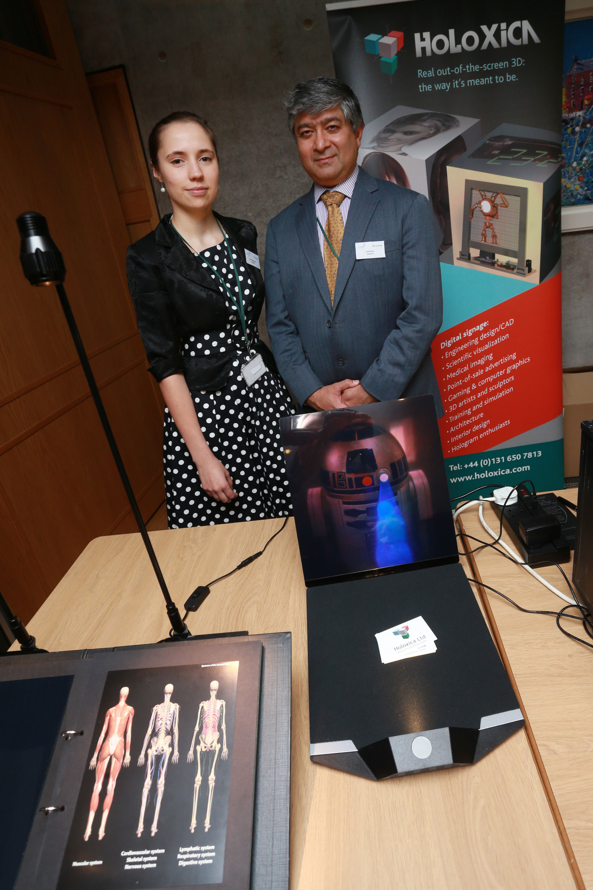 Anna and Javid from Holoxica, showing their digital holograms. Photo courtesy of Technology Scotland.