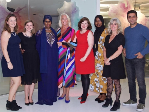 The Safehands Team: (Left to Right) Colleen Keating, former intern, Paige Rogers, Communication & Production Adviser, Hibo Wardere, Ambassador, Nancy Durrell McKenna, Founder Director, Erica Belanger, Assistant Director - Development, Amal Ali, former intern, Debbie Manners, Chair of the Board of Trustees, Mohsen Zarei-Keseh, Creative Digital Expert