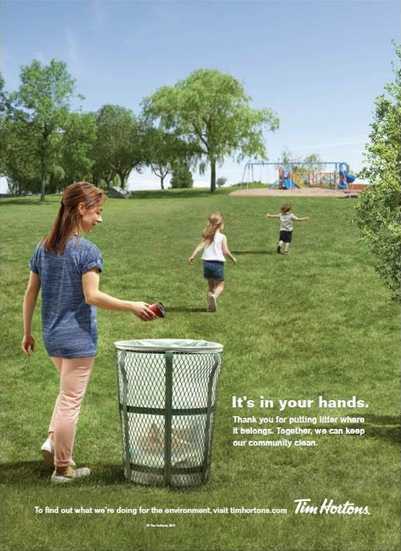 At JWT, we loved seeing Tim Hortons cups in hand. But where we didn’t like seeing them was on the ground. As an environmentally conscious company, Tim Hortons wanted to remind Canadians to place empty cups where they belonged. As the leading account person on the 2013 anti-litter project, I managed the creation and shipment of an anti-litter radio spots, regional ad packages (for newspapers, local bulletins, etc.) and in-store signage like this piece. Taking this commitment seriously, I also worked with production to source environmentally responsible poster stock.
