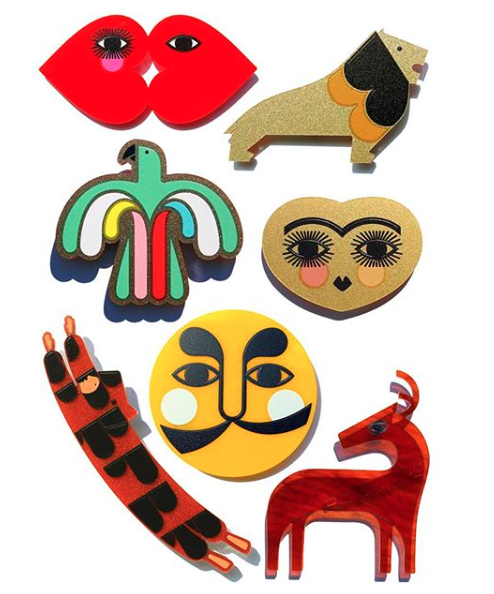 Iris De La Torre Iris is inspired by the folkloric spirit of Mexico, it’s naïve identity and vibrant combinations of colour. She is influenced by 1960s graphic design and her jewellery features pattern repetition, people, flora and fauna.