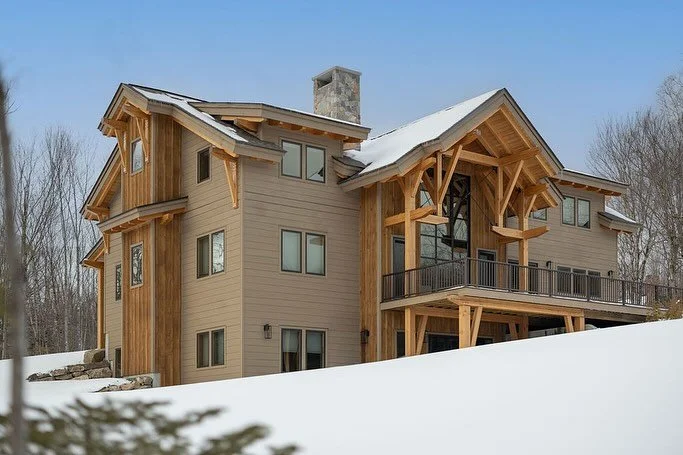 Our recent Franconia Timberframe project - exterior shots. We had to work fast with @ridgelightstudio during a very short timeframe at dusk to get the perfect lighting for those last few. We love how they came out! 
.
.
#timberframe #customhome #lawt