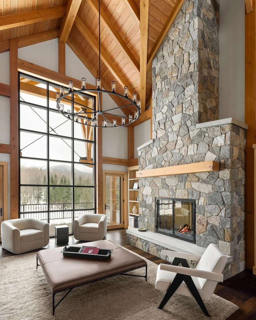 Now, a look inside this @canadiantimberframes home sweet home. From the grand vaulted ceilings to the cozy bedroom &amp; office spaces and all the gorgeous tile work, light fixtures and timber details in between.. this is the stuff of #mountainliving